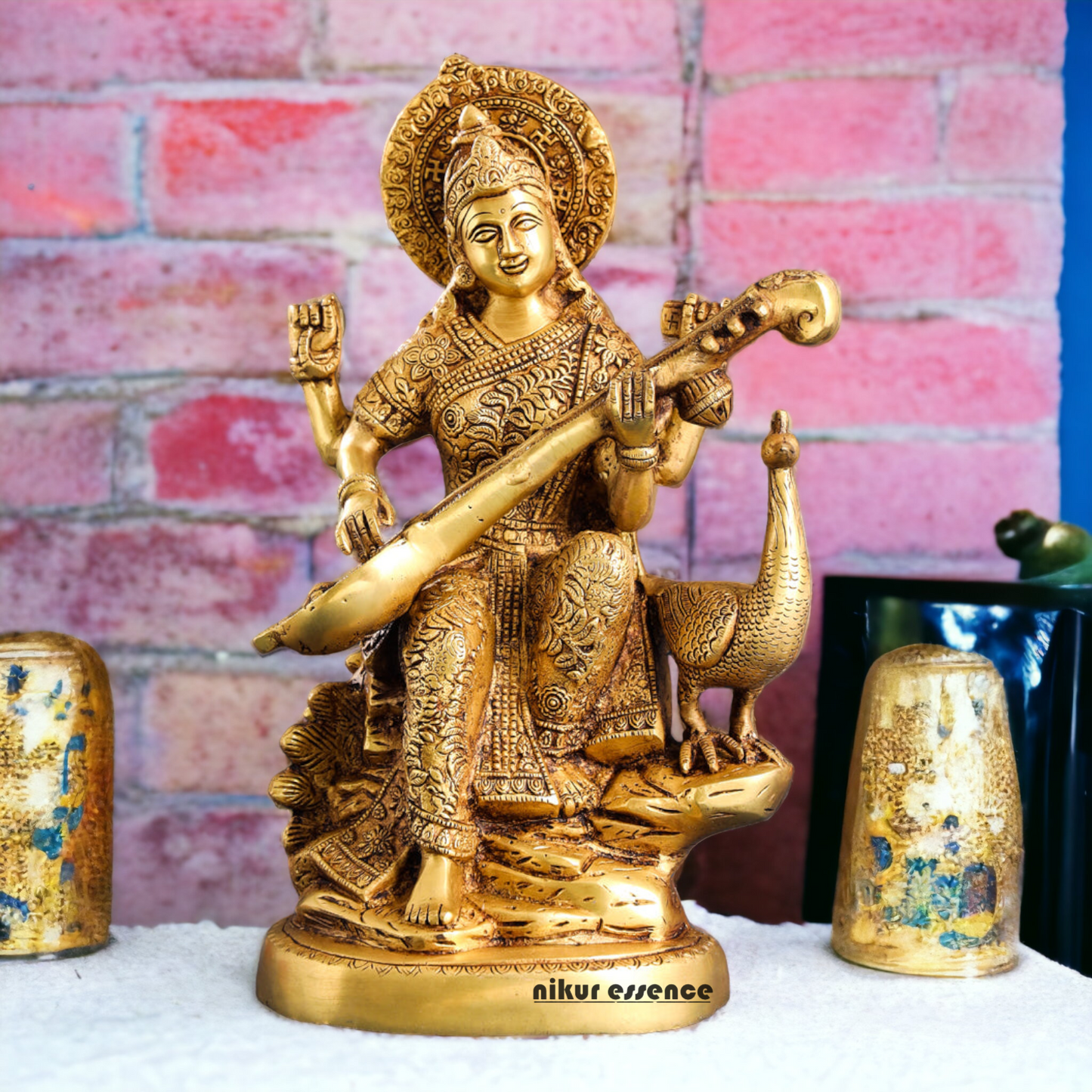 Solid Brass Saraswati Playing Veena sitting on swan idol - 38 cm Nikuressence