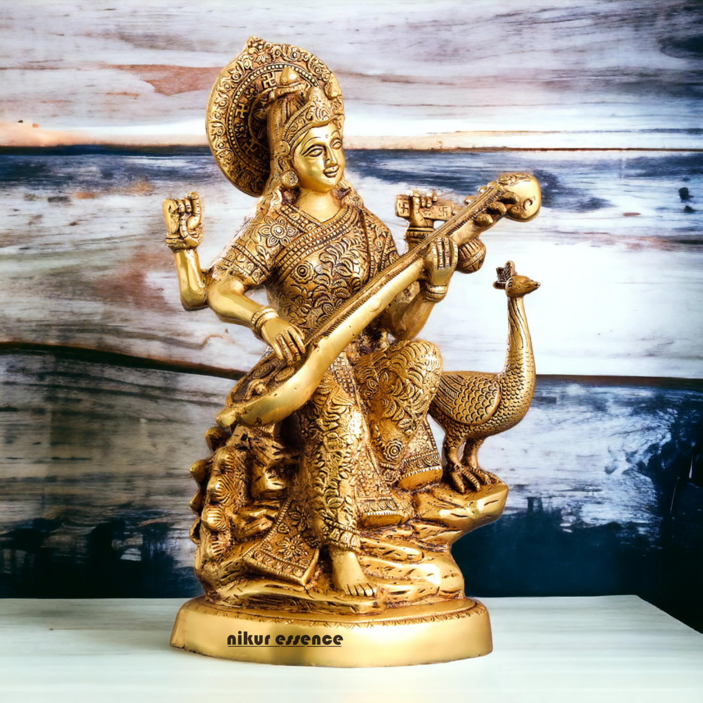 Solid Brass Saraswati Playing Veena sitting on swan idol - 38 cm Nikuressence