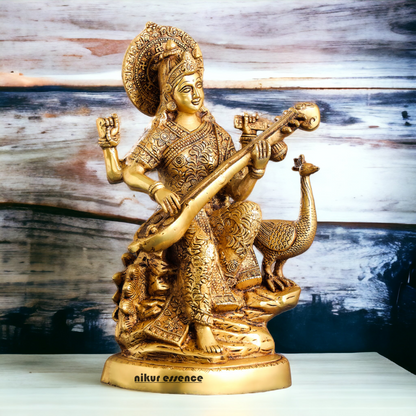 Solid Brass Saraswati Playing Veena sitting on swan idol - 38 cm Nikuressence