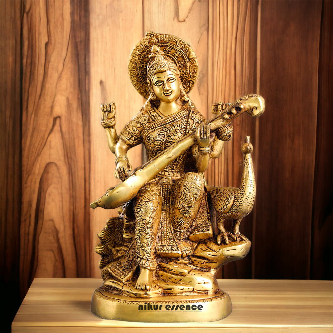Solid Brass Saraswati Playing Veena sitting on swan idol - 38 cm Nikuressence