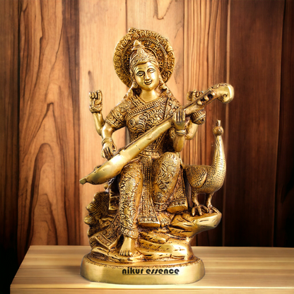Solid Brass Saraswati Playing Veena sitting on swan idol - 38 cm Nikuressence