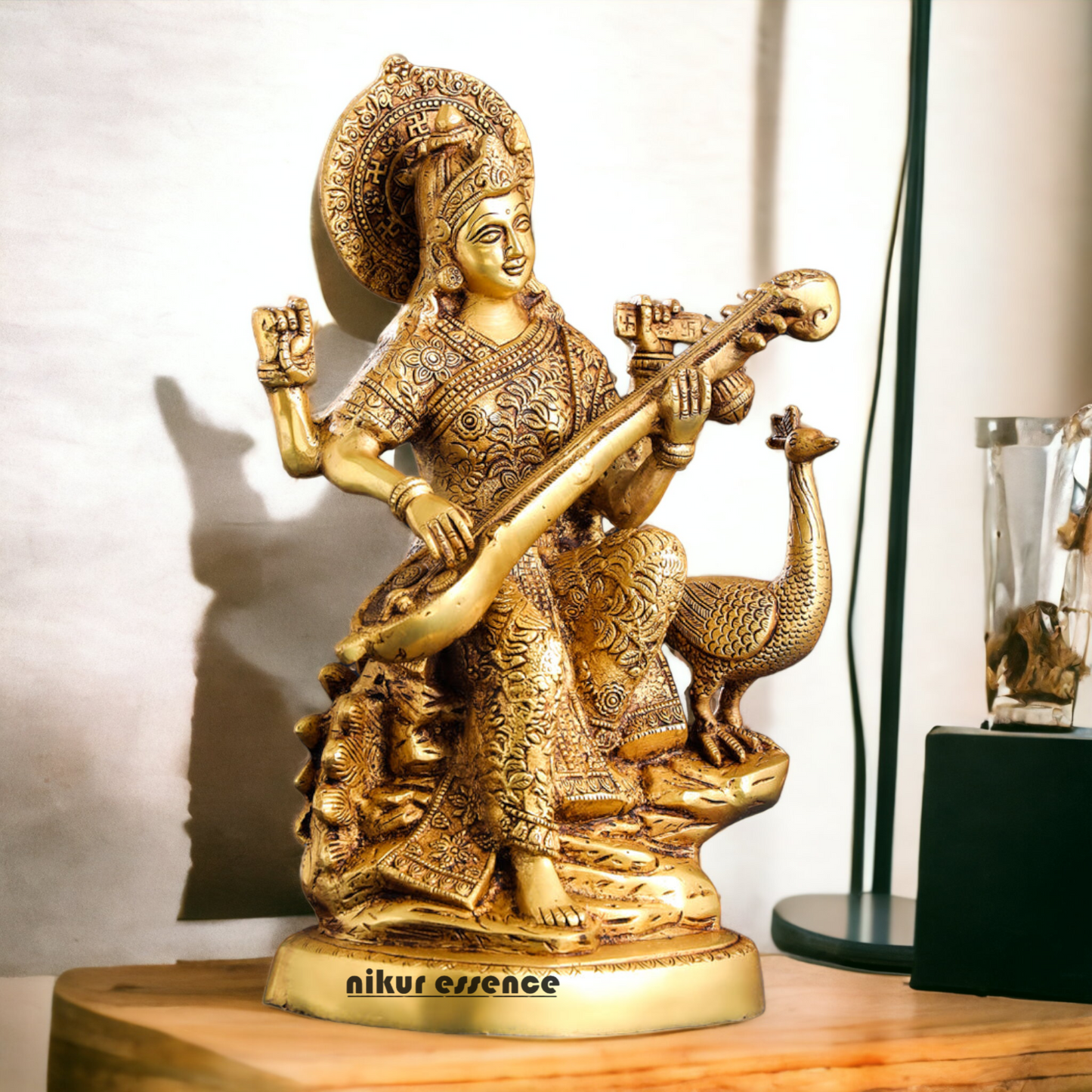 Solid Brass Saraswati Playing Veena sitting on swan idol - 38 cm Nikuressence