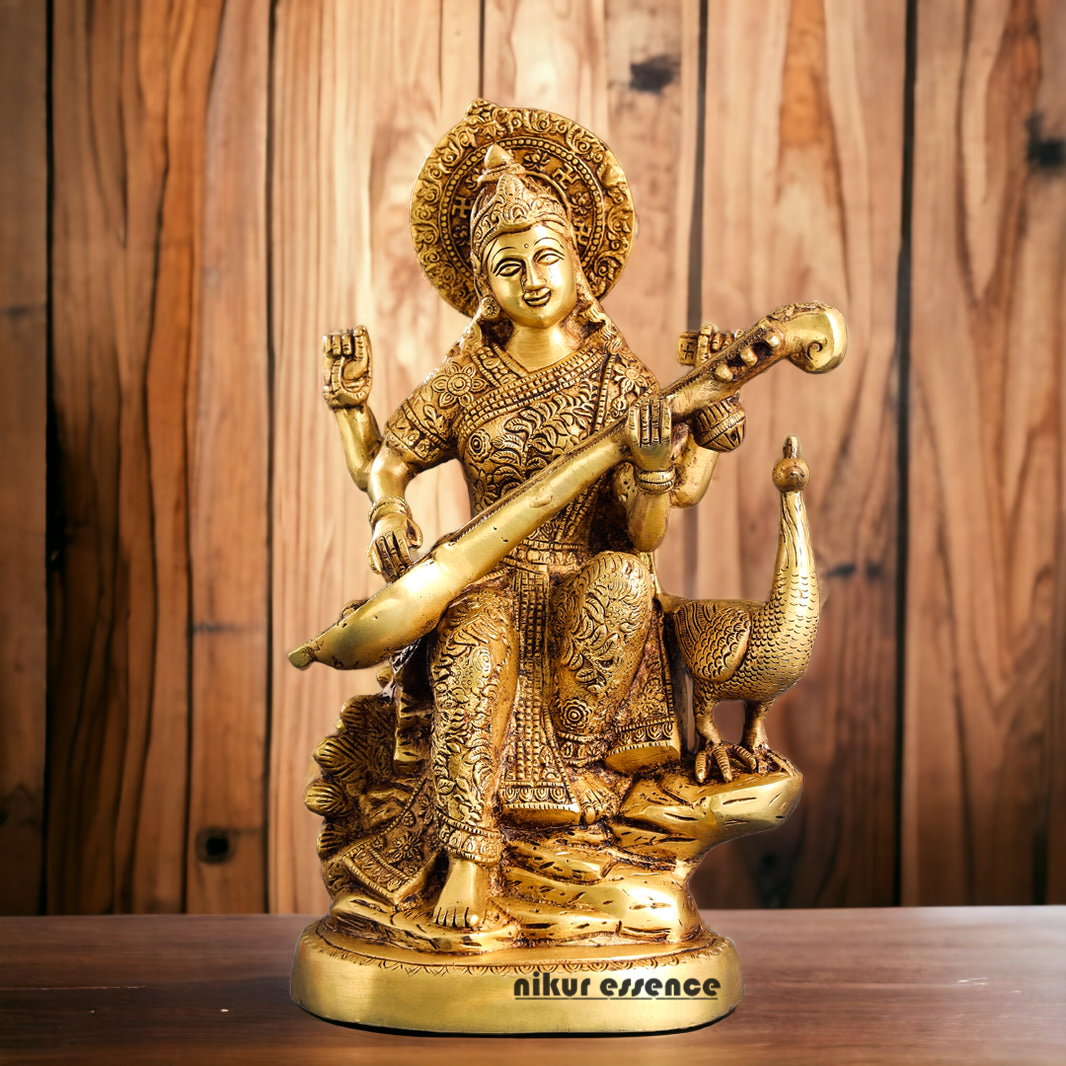 Solid Brass Saraswati Playing Veena sitting on swan idol - 38 cm Nikuressence