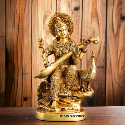 Solid Brass Saraswati Playing Veena sitting on swan idol - 38 cm Nikuressence