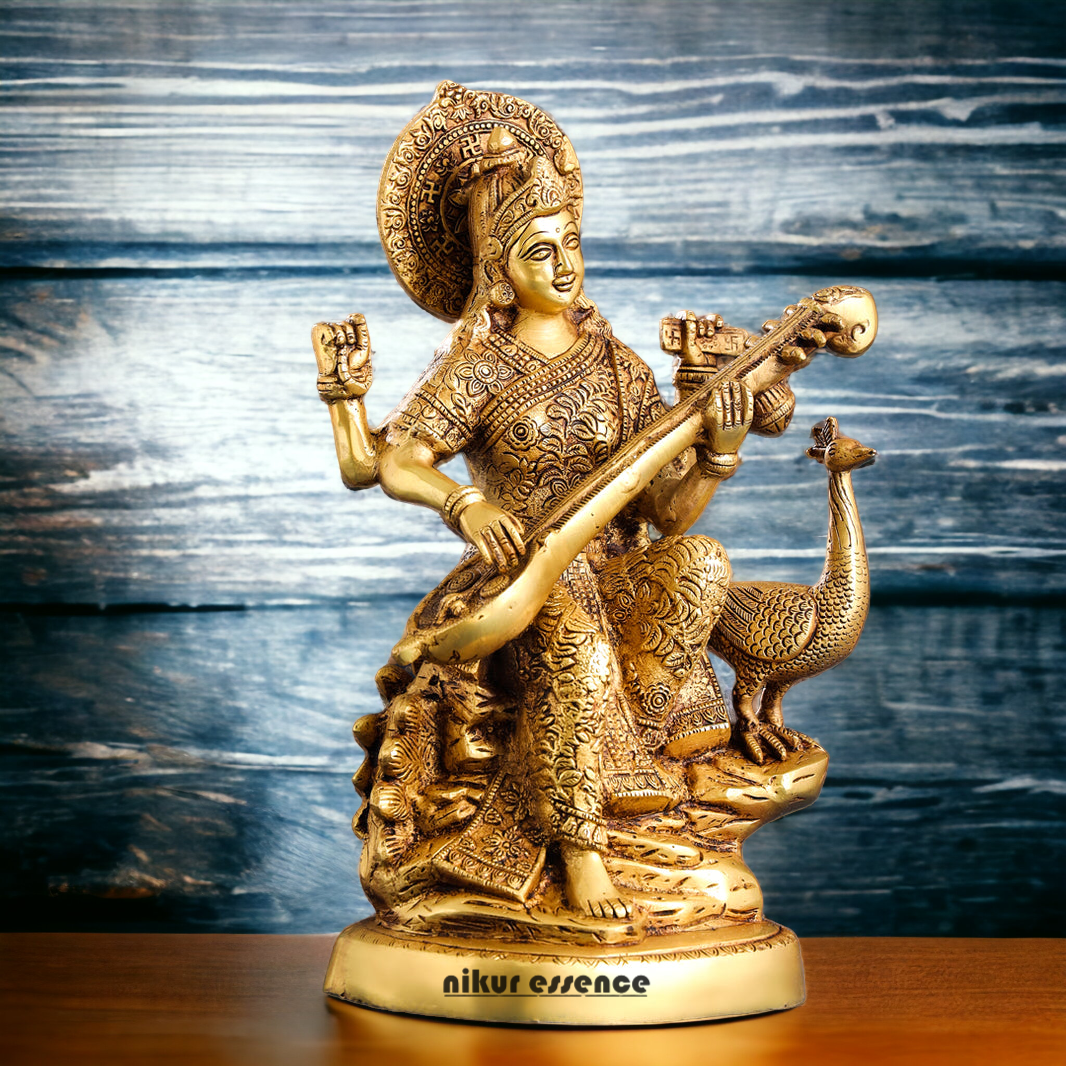 Solid Brass Saraswati Playing Veena sitting on swan idol - 38 cm Nikuressence