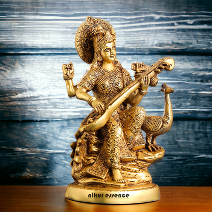 Solid Brass Saraswati Playing Veena sitting on swan idol - 38 cm Nikuressence