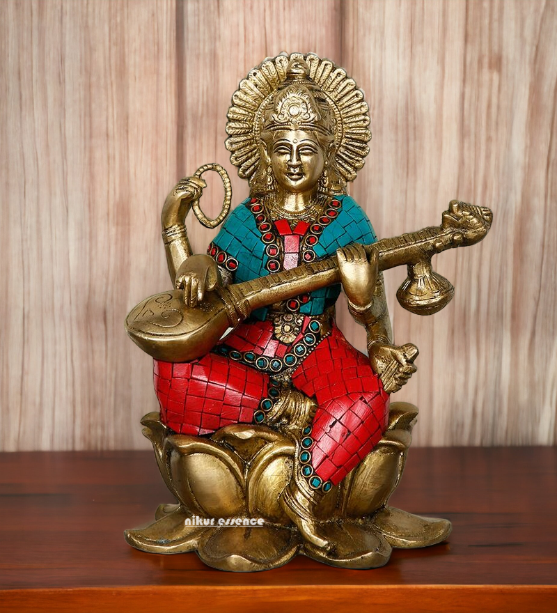 Online Brass Saraswati Playing Veena with Stone Work Idol - 9.5 inches Nikuressence