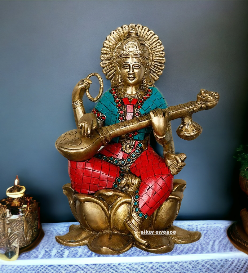Online Brass Saraswati Playing Veena with Stone Work Idol - 9.5 inches Nikuressence
