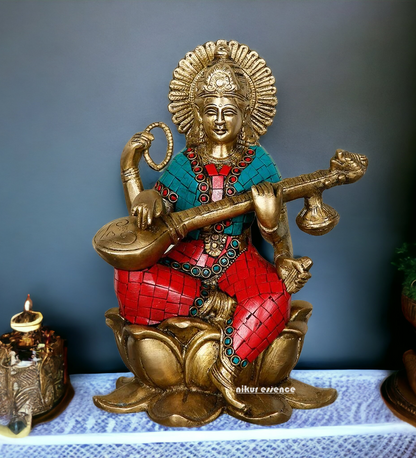 Online Brass Saraswati Playing Veena with Stone Work Idol - 9.5 inches Nikuressence
