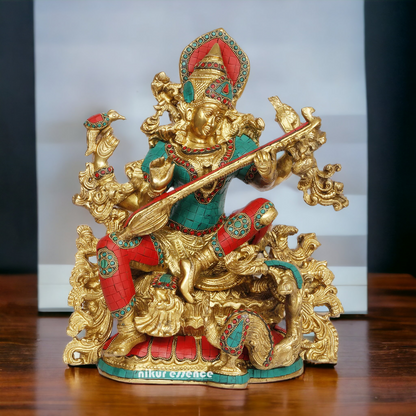 Buy Brass Saraswati Playing Veena with Stone work Idol - 40.64 cm Nikuressence