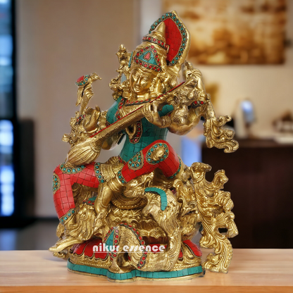Buy Brass Saraswati Playing Veena with Stone work Idol - 40.64 cm Nikuressence