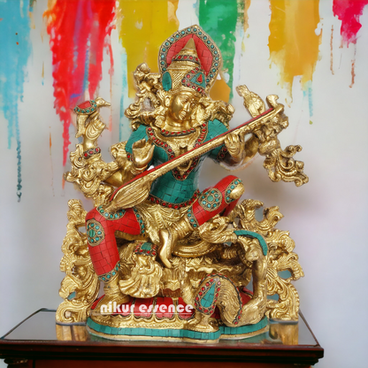 Buy Brass Saraswati Playing Veena with Stone work Idol - 40.64 cm Nikuressence