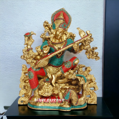 Buy Brass Saraswati Playing Veena with Stone work Idol - 40.64 cm Nikuressence
