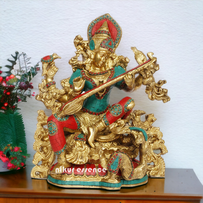 Buy Brass Saraswati Playing Veena with Stone work Idol - 40.64 cm Nikuressence