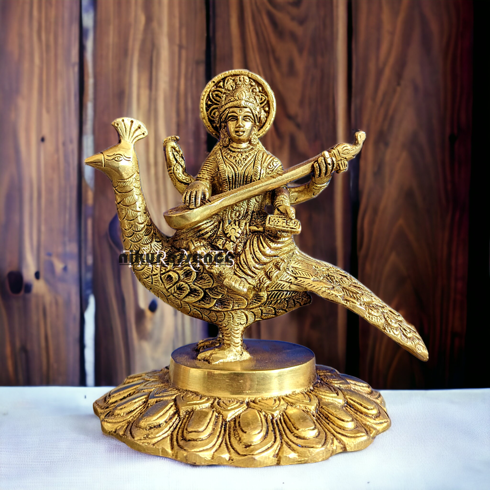 Solid Brass Goddess Saraswati Sitting on Swan Idol - 17.27 cm Nikuressence