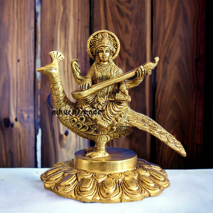 Solid Brass Goddess Saraswati Sitting on Swan Idol - 17.27 cm Nikuressence