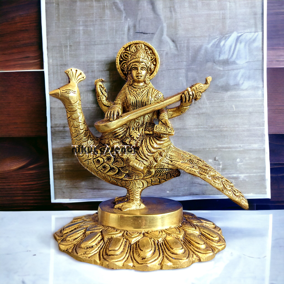 Solid Brass Goddess Saraswati Sitting on Swan Idol - 17.27 cm Nikuressence