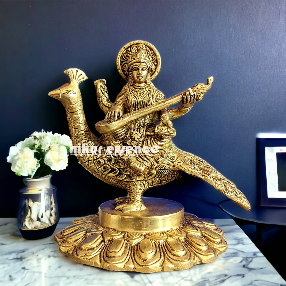 Solid Brass Goddess Saraswati Sitting on Swan Idol - 17.27 cm Nikuressence