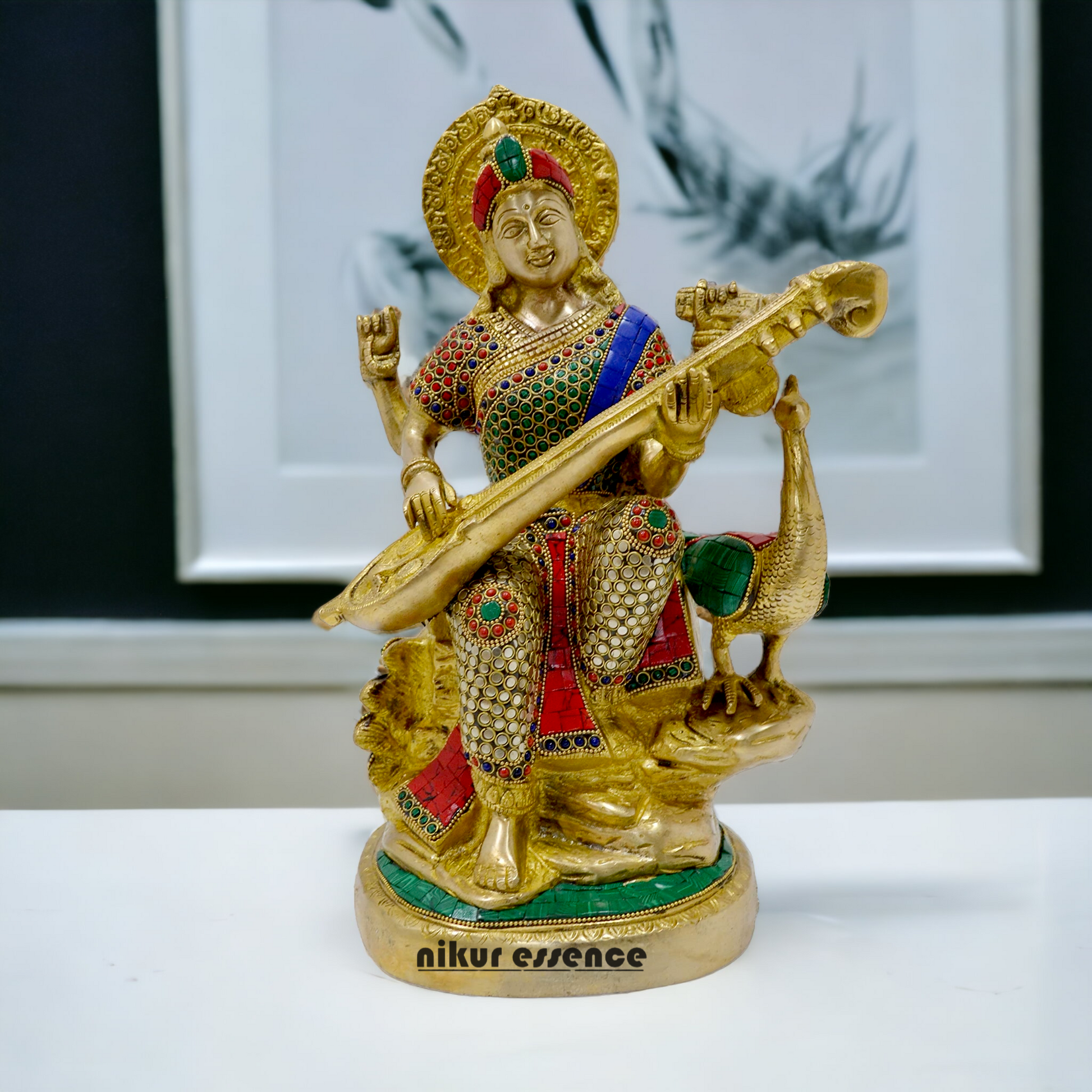 Goddess Saraswati Sitting Playing Veena Idol with Stone work - 38 cm Nikuressence