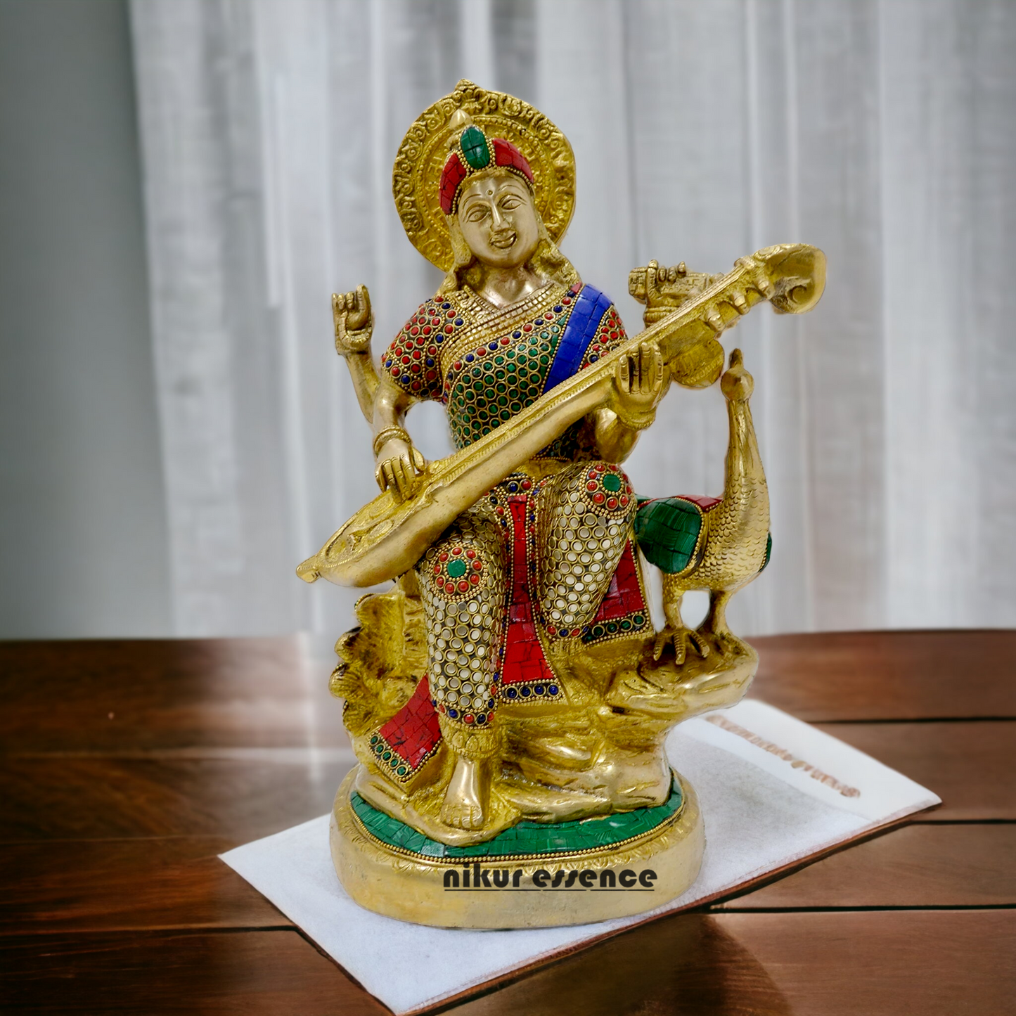 Goddess Saraswati Sitting Playing Veena Idol with Stone work - 38 cm Nikuressence