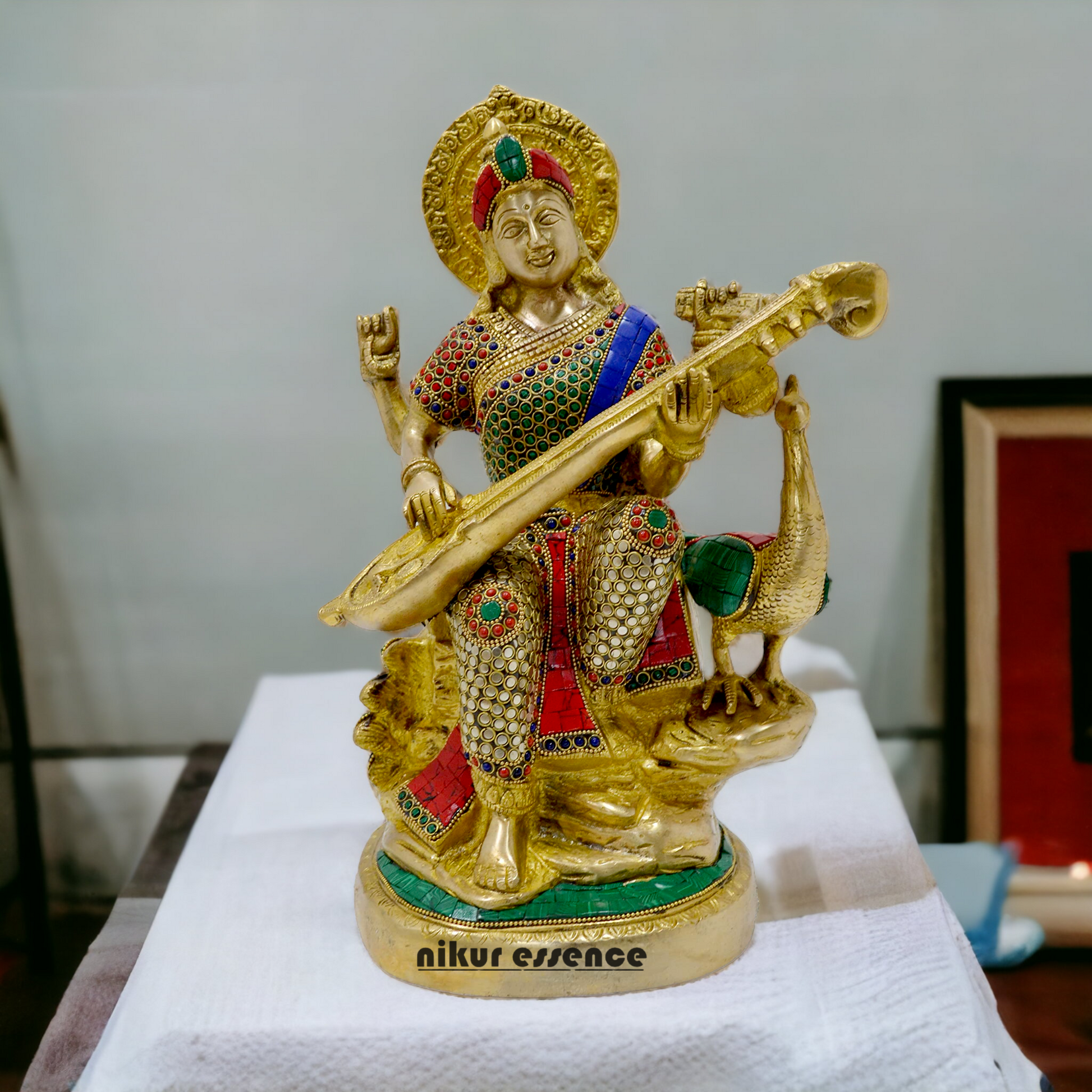 Goddess Saraswati Sitting Playing Veena Idol with Stone work - 38 cm Nikuressence