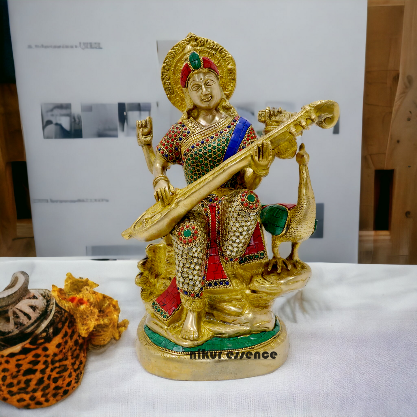 Goddess Saraswati Sitting Playing Veena Idol with Stone work - 38 cm Nikuressence