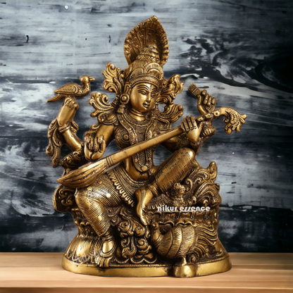 Antique Brass Saraswati Playing Veena idol - 11.5 inches Nikuressence