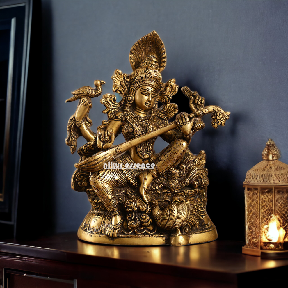 Antique Brass Saraswati Playing Veena idol - 11.5 inches Nikuressence