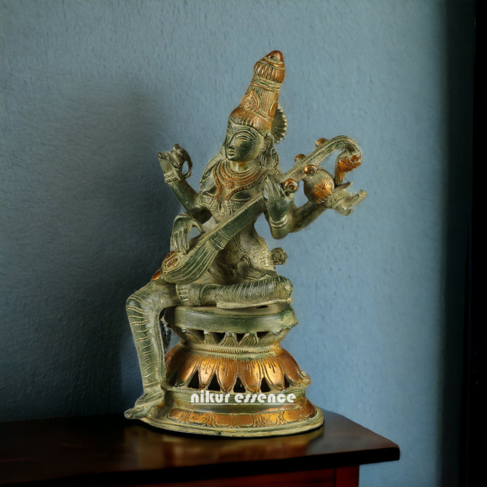Superfine Brass Saraswati Sitting Idol - 13 Inches Nikuressence