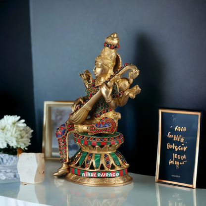 Buy Online Brass Saraswati Playing Veena with Stone work Idol - 13 inches Nikuressence