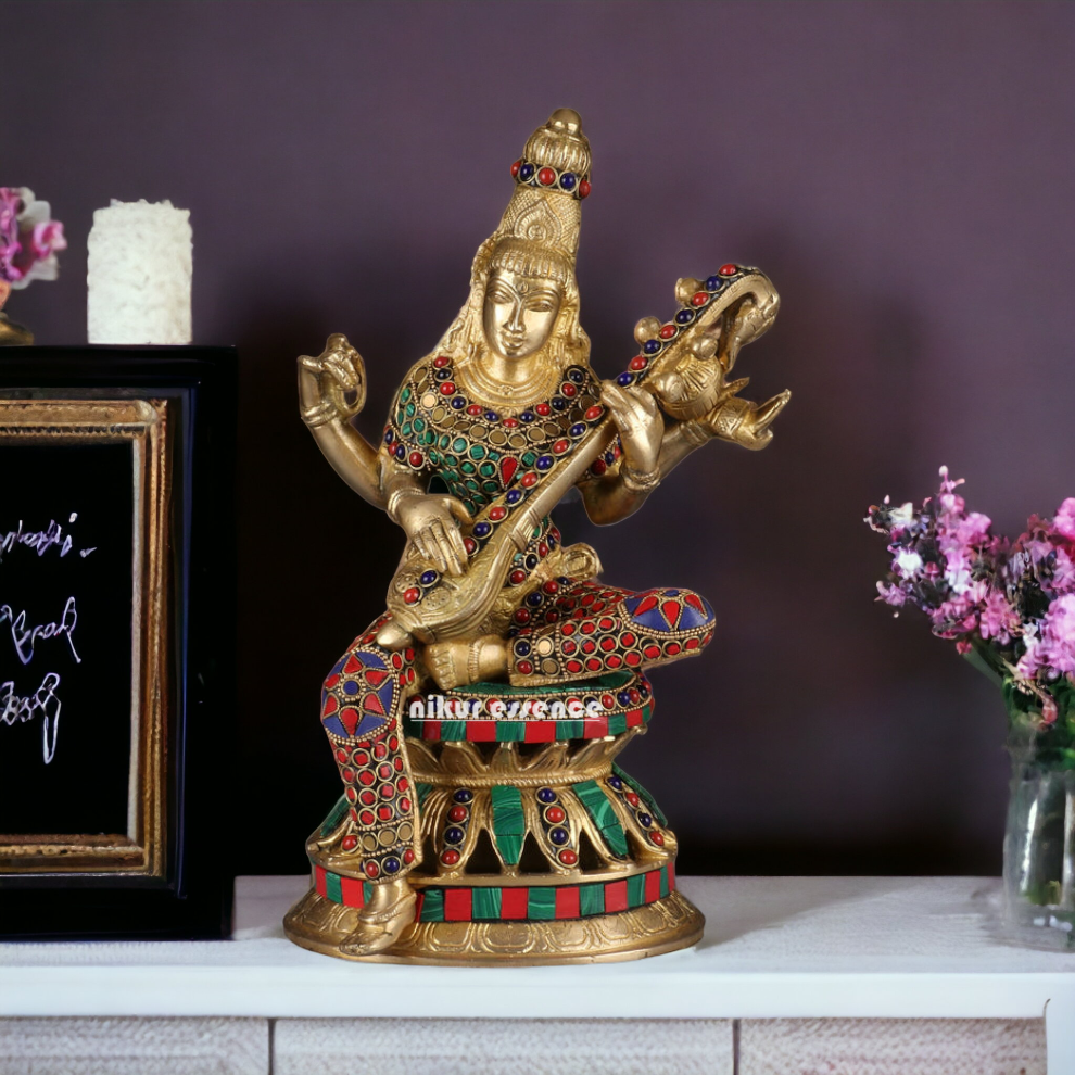 Buy Online Brass Saraswati Playing Veena with Stone work Idol - 13 inches Nikuressence