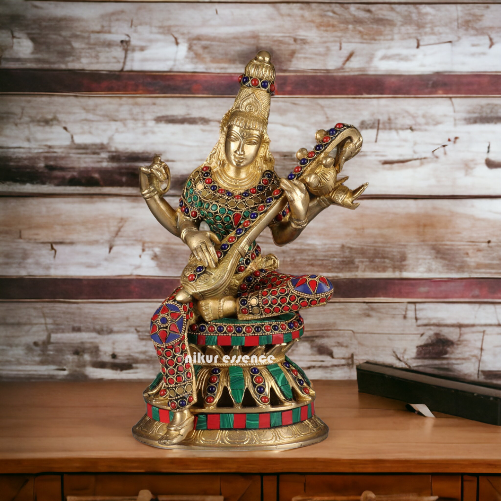 Buy Online Brass Saraswati Playing Veena with Stone work Idol - 13 inches Nikuressence