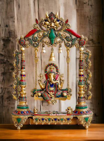 Buy Online Brass Ganesh Swing Jhula Idol with Stone work - 68 cm Nikuressence