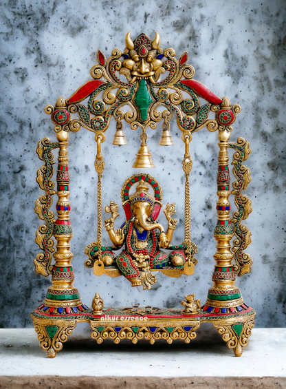 Buy Online Brass Ganesh Swing Jhula Idol with Stone work - 68 cm Nikuressence