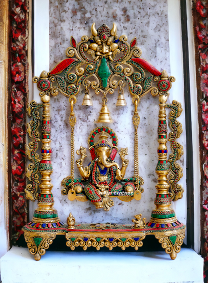Buy Online Brass Ganesh Swing Jhula Idol with Stone work - 68 cm Nikuressence