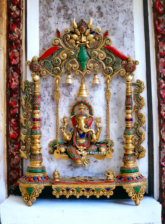Buy Online Brass Ganesh Swing Jhula Idol with Stone work - 68 cm Nikuressence