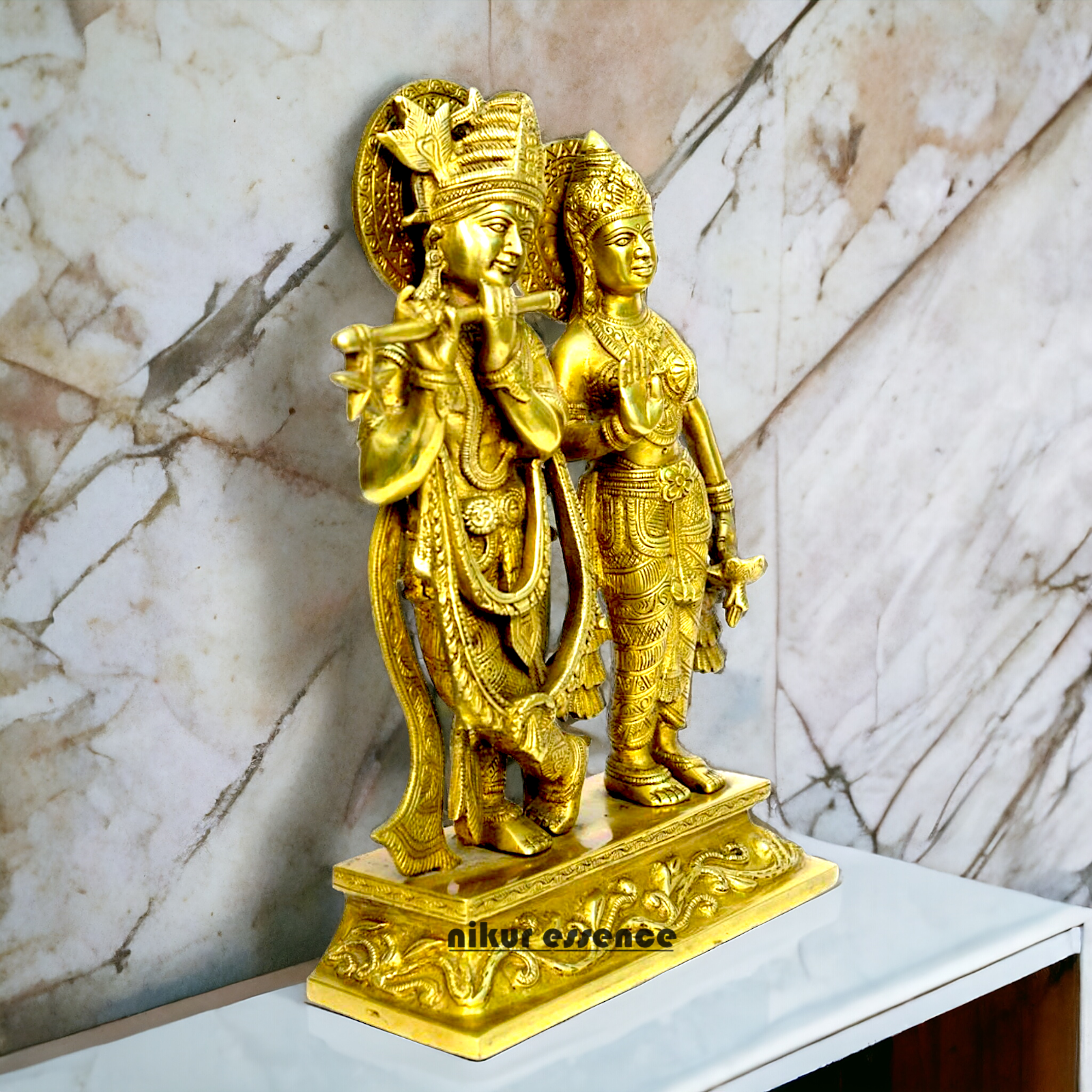 Large solid Brass Radha Krishna Murli Playing flute Idol - 30 cm Nikuressence