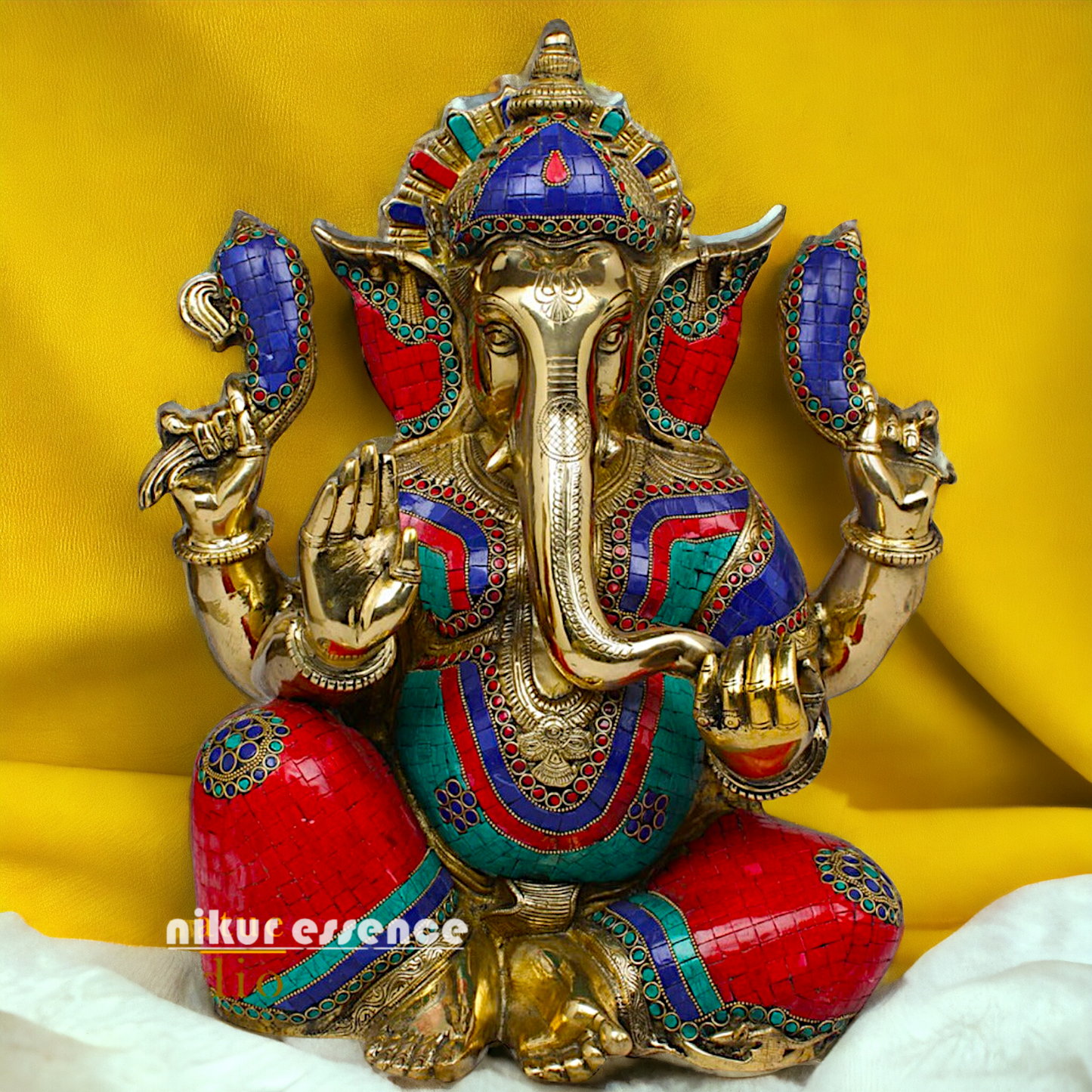 Goddess Brass Ganesh Sitting Idol with Stone work - 21 Inches Nikuressence