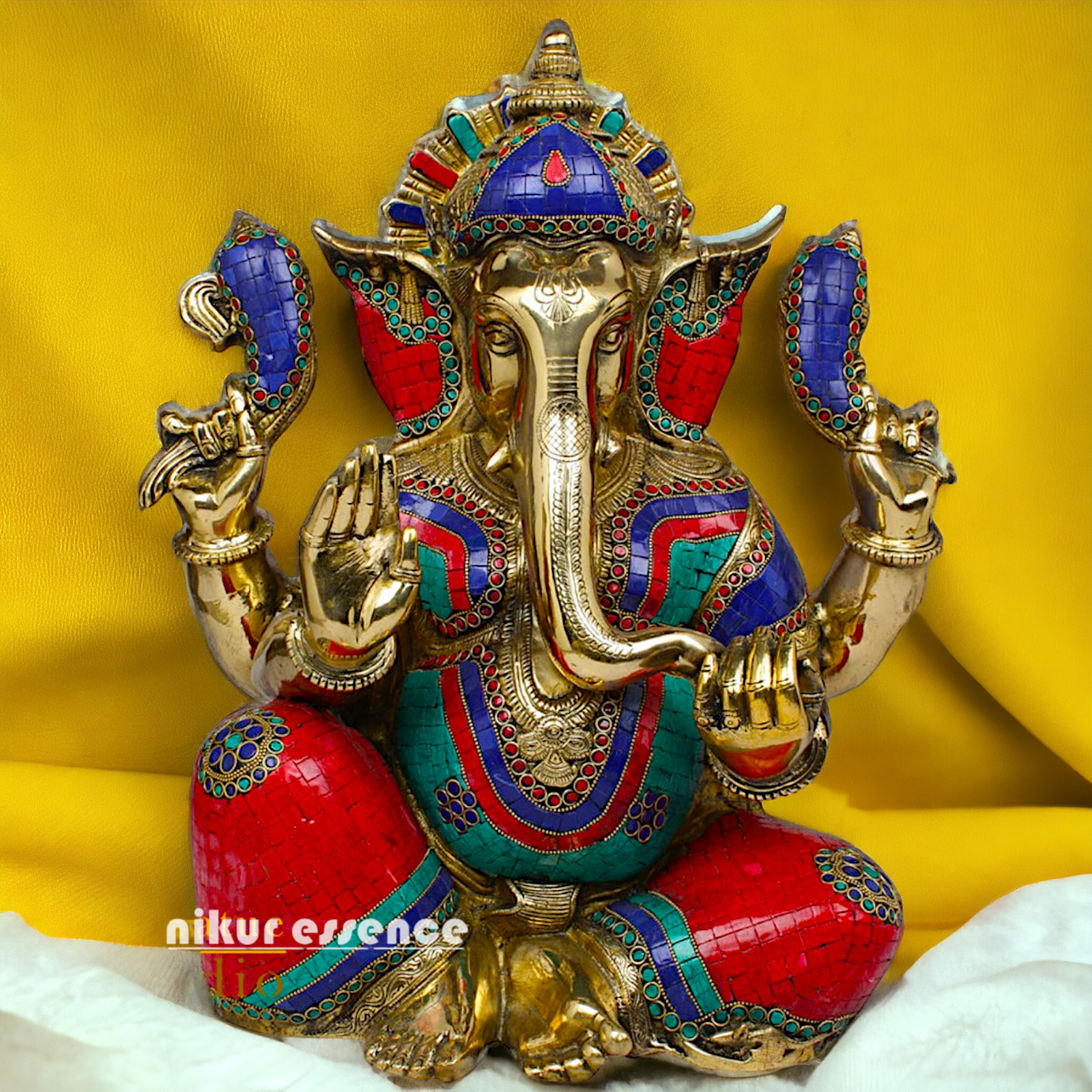 Goddess Brass Ganesh Sitting Idol with Stone work - 21 Inches Nikuressence