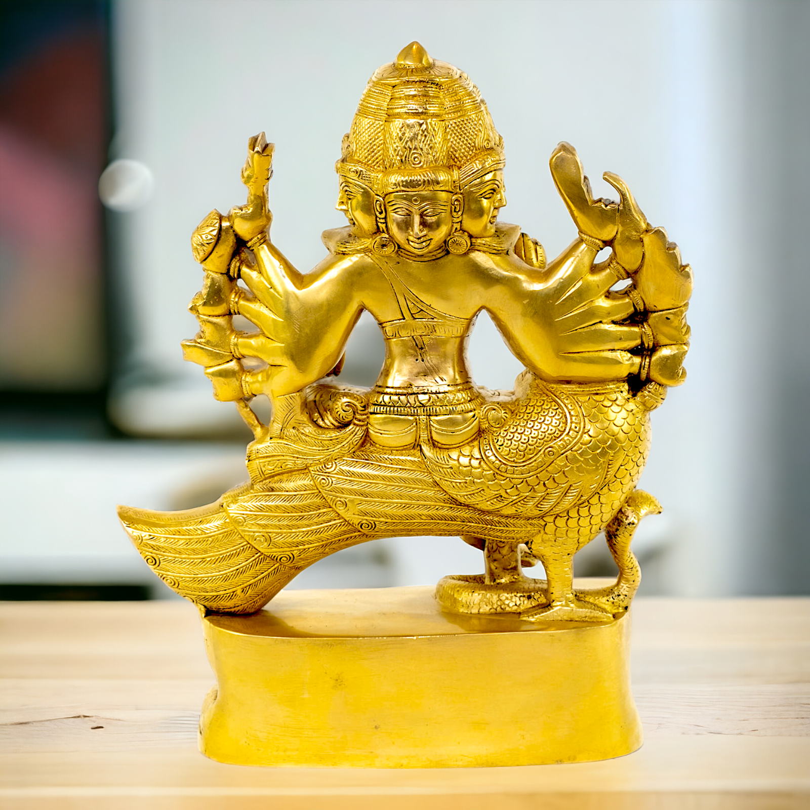 Large Solid Brass Kartikeya Murugan Sitting on Peacock - 16 inches Nikuressence