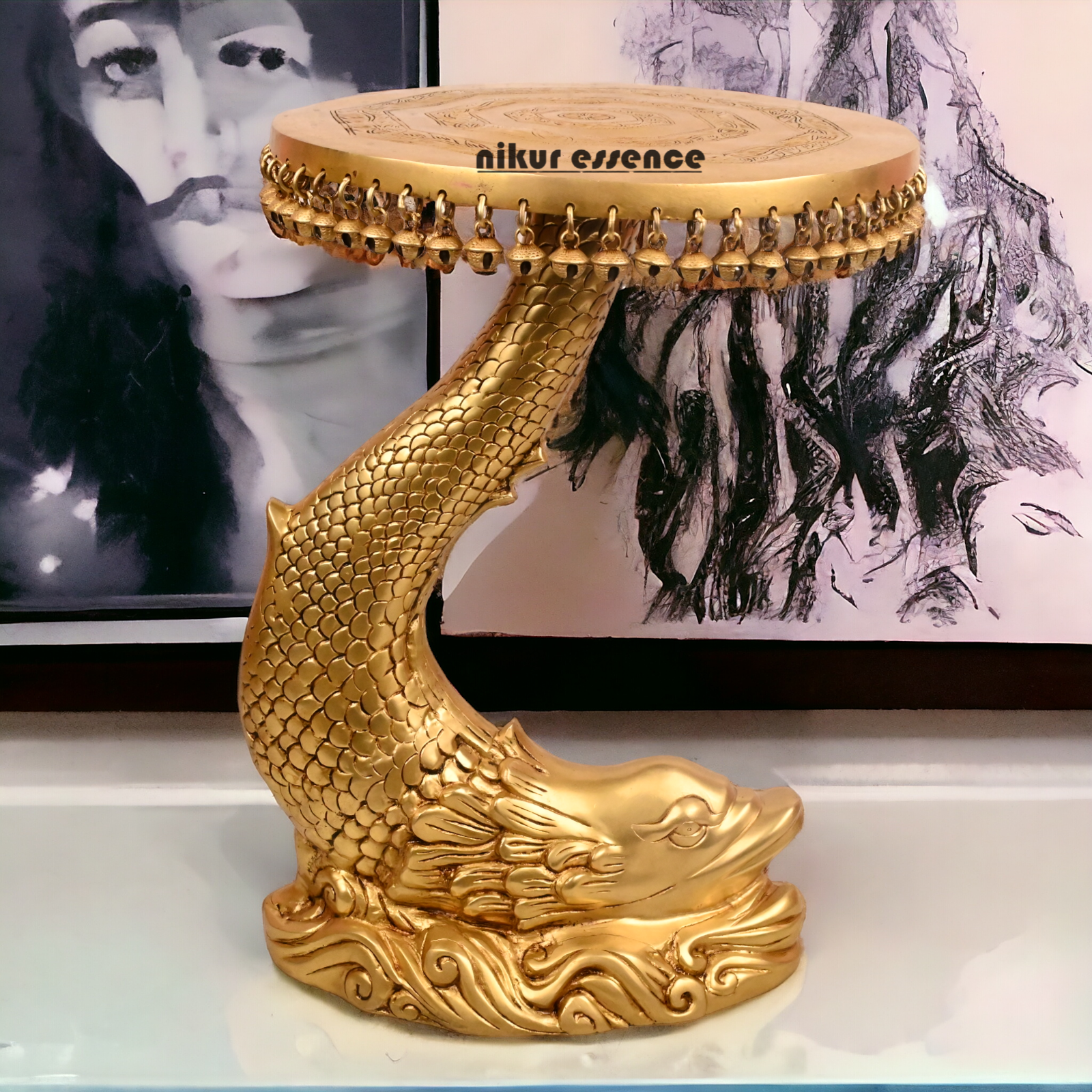 Pure Brass Fish Chowki with Bells Ghungroo - 55 cm Nikuressence