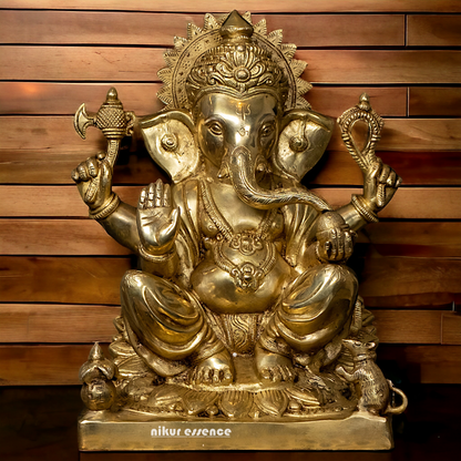 Solid Brass Ganesh Vinayaka Sitting Idol - 14.5 Inch Nikuressence