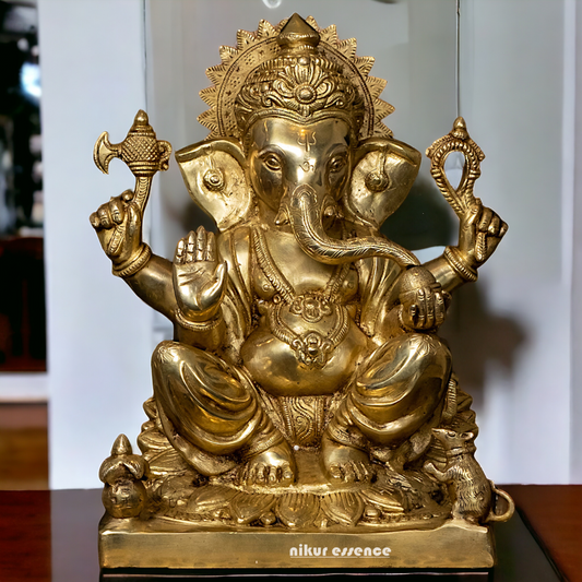 Solid Brass Ganesh Vinayaka Sitting Idol - 14.5 Inch Nikuressence
