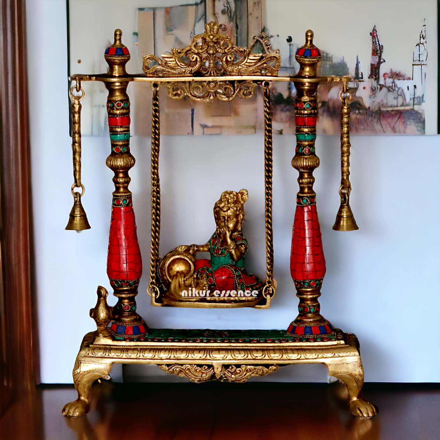 Online Brass Bal Krishna Swing Jhula Idol with Stone work - 40 cm Nikuressence
