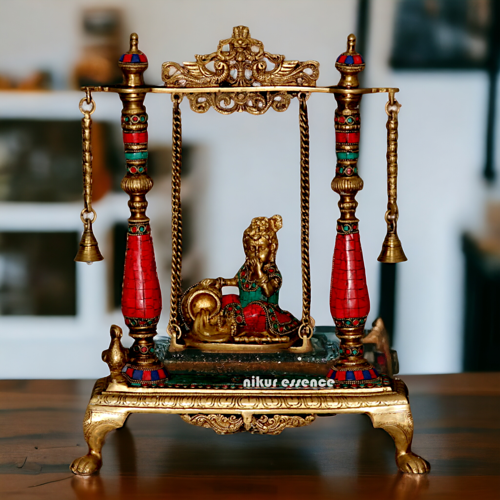 Online Brass Bal Krishna Swing Jhula Idol with Stone work - 40 cm Nikuressence