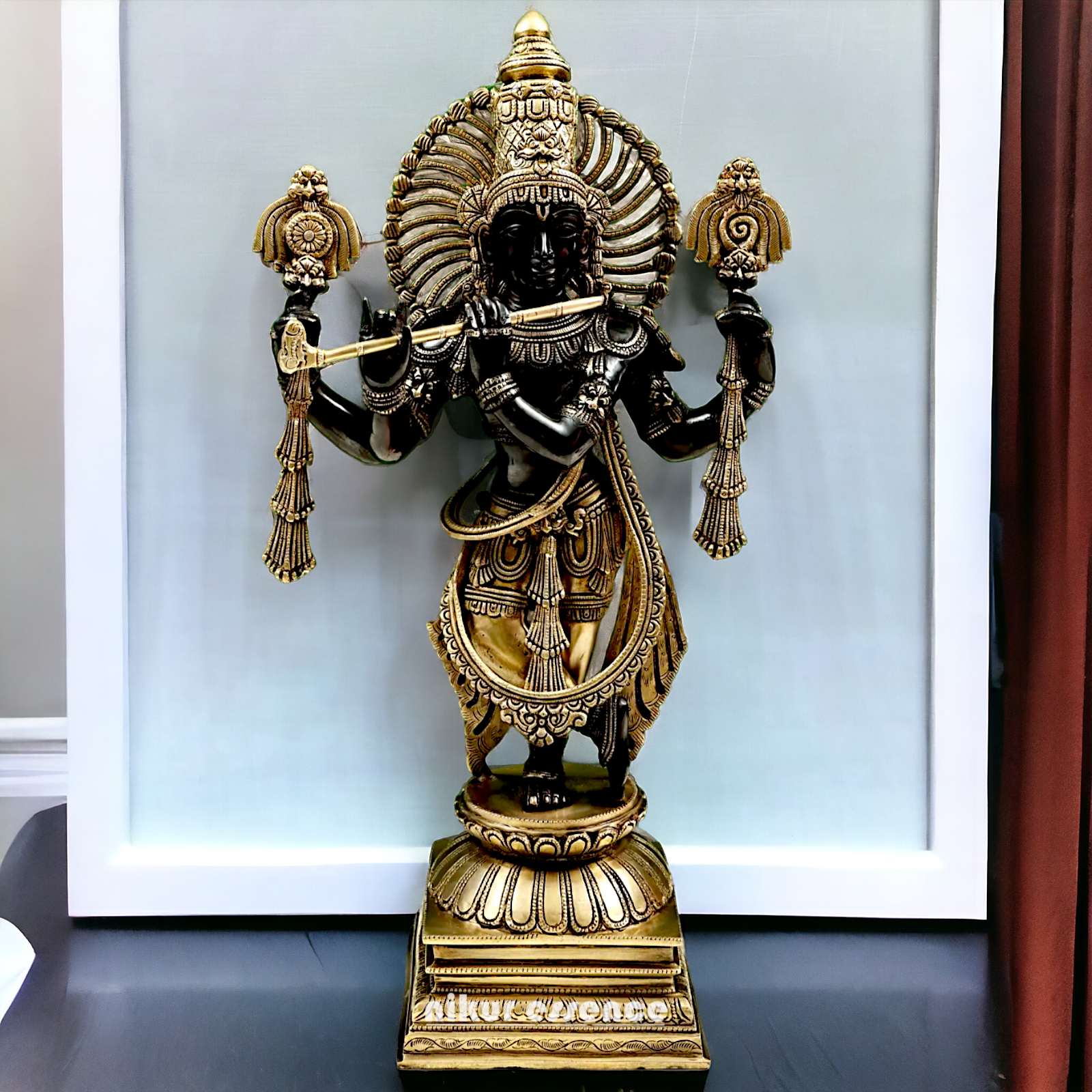 Large Brass Black Krishna Playing Flute Idol - 61 cm Nikuressence