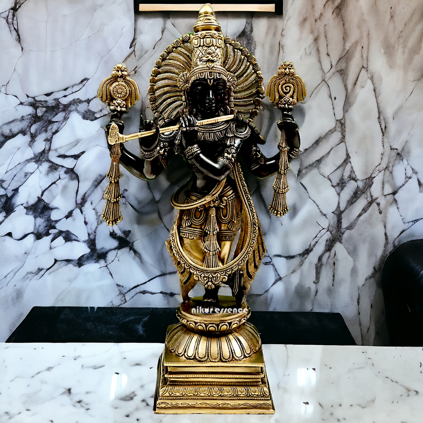 Large Brass Black Krishna Playing Flute Idol - 61 cm Nikuressence