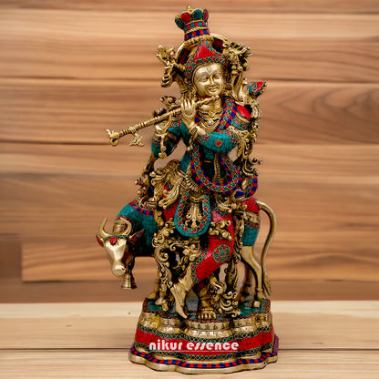Buy Online Krishna Flute with Cow Idol Stone work - 26 inches Nikuressence