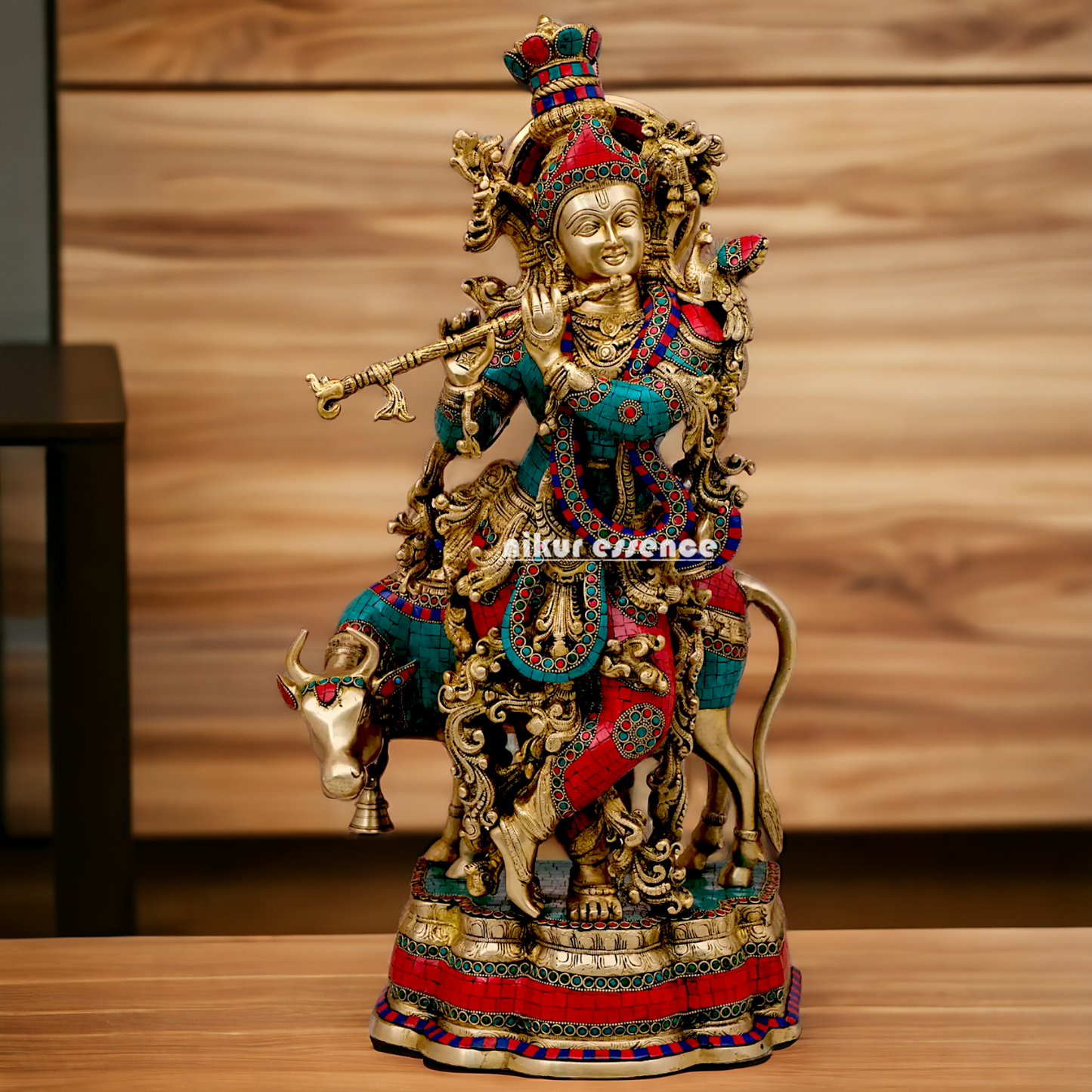 Buy Online Krishna Flute with Cow Idol Stone work - 26 inches Nikuressence