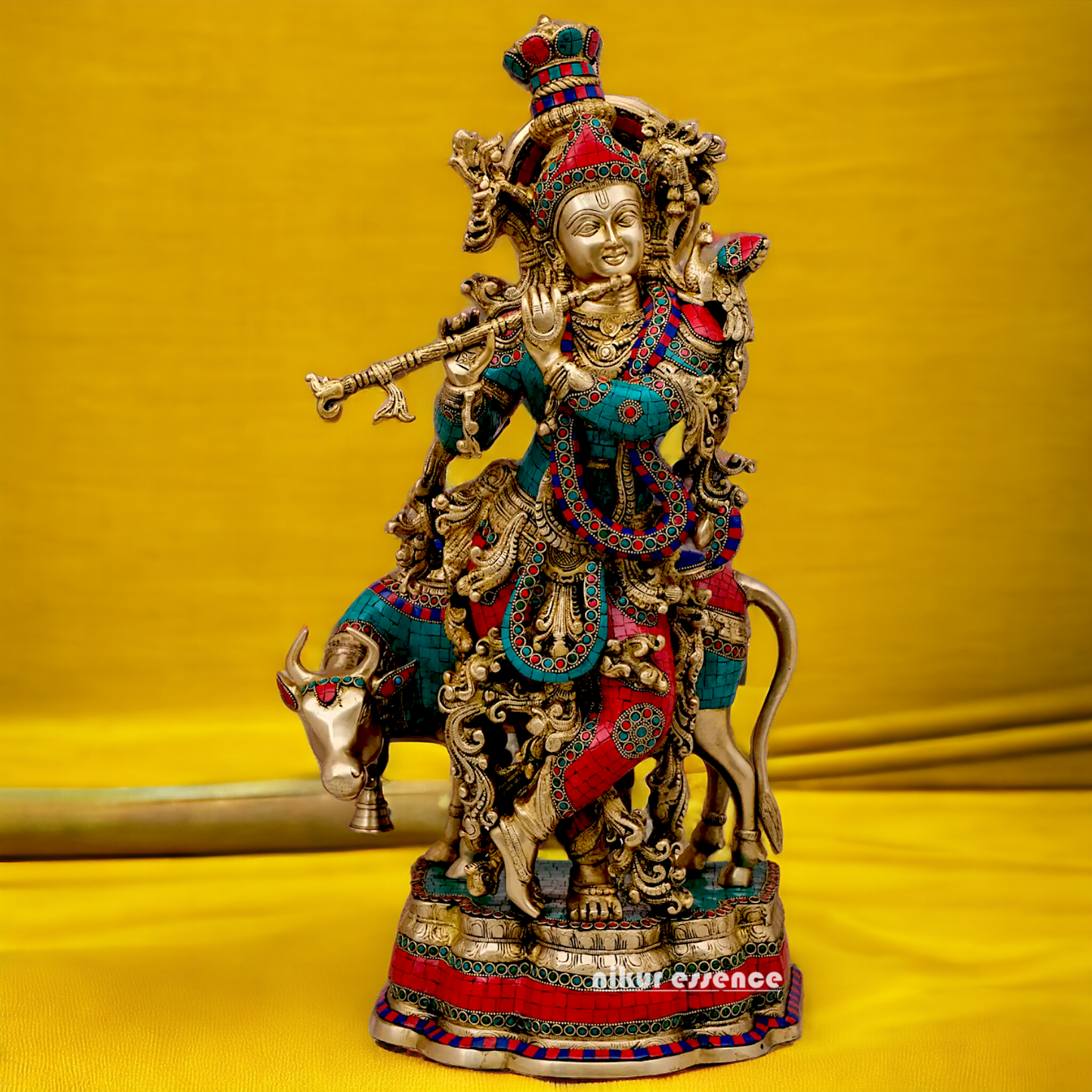 Buy Online Krishna Flute with Cow Idol Stone work - 26 inches Nikuressence